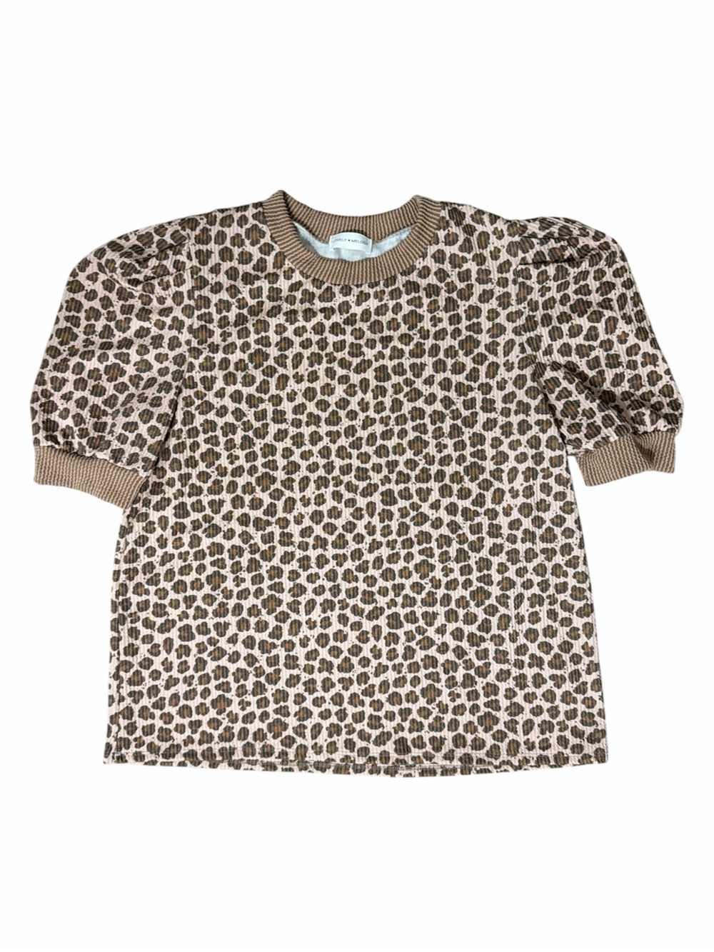 LOVELY MELODY Leopard Print Ribbed Puff Sleeve Knit Top - Pinkish Beige